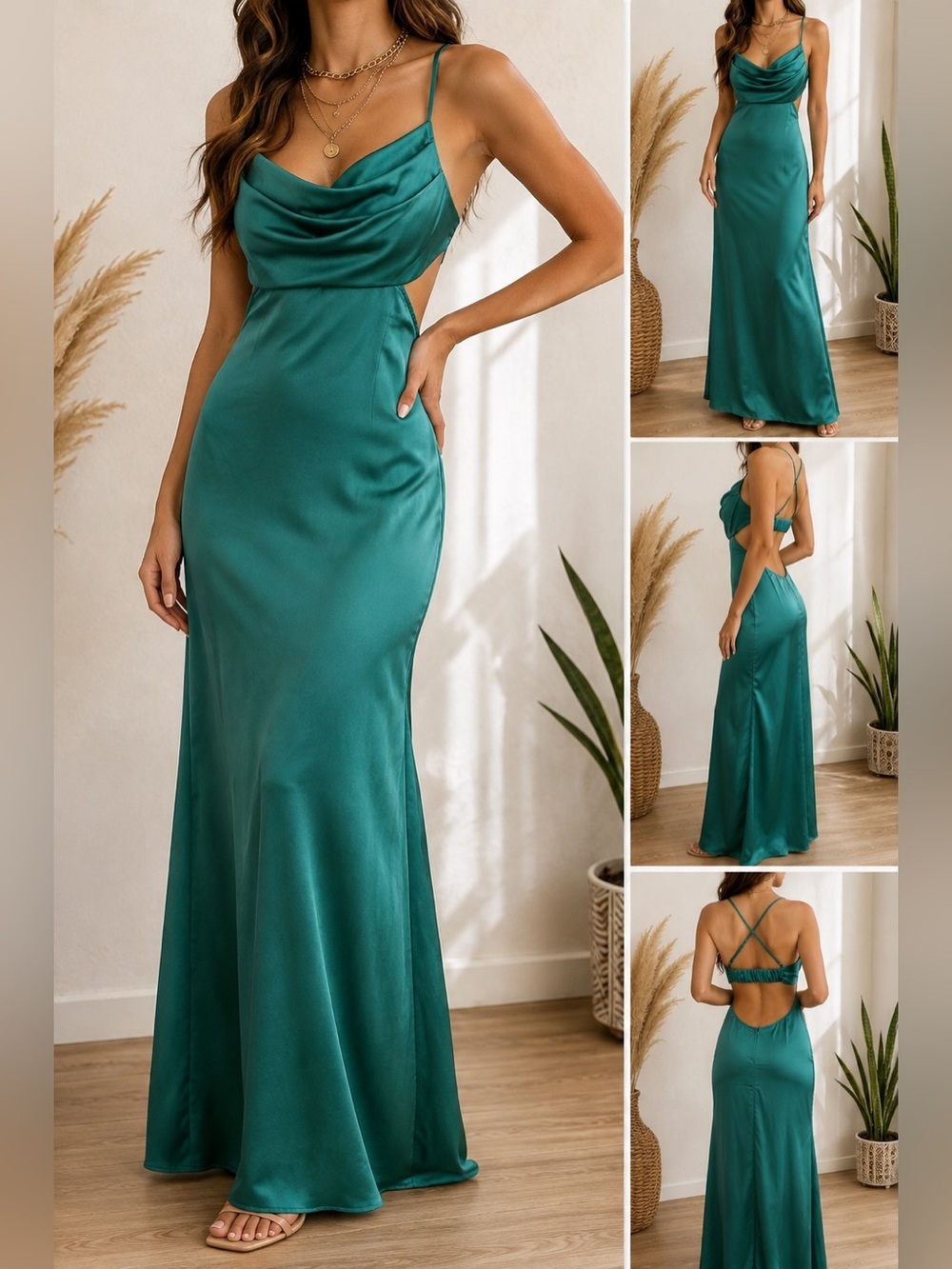Princess Polly Teal Satin Cowl-Neck Maxi Dress